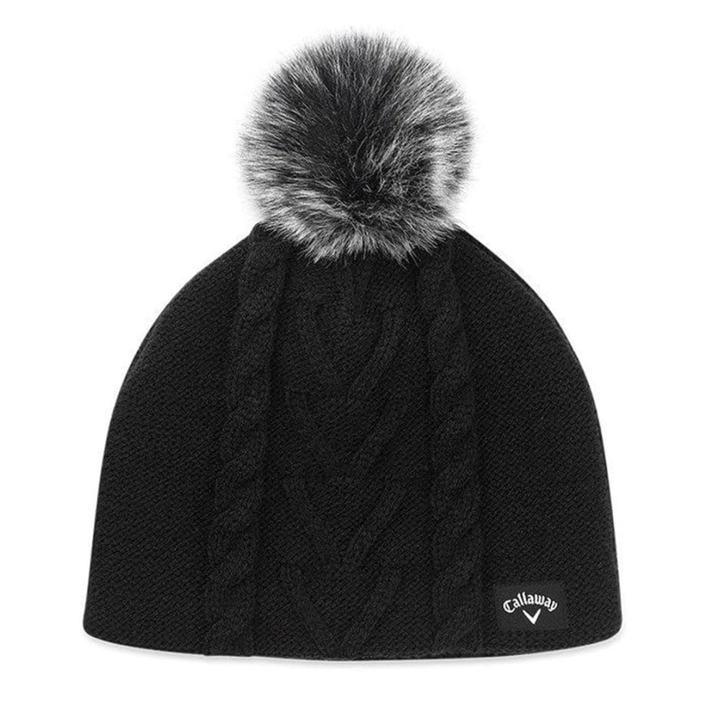 Callaway Womens Pom Pom Beanie Black Fleece Lined Cable Knit Winter Golf Hat NEW
